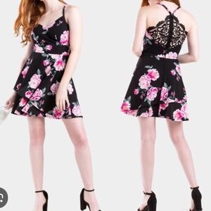 Trixxi Black Dress with Pink Floral and Lace Back